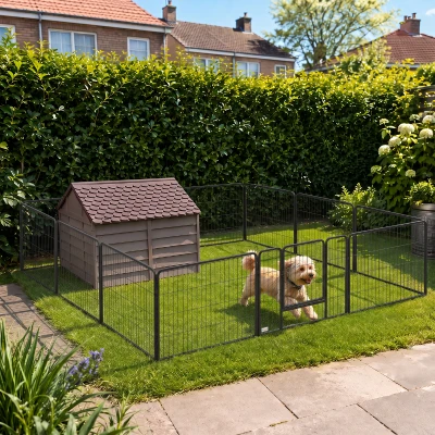 PawHut Huisdieromheining, puppyren, puppyhek, 12 panelen, voor binnen en buiten, zwart