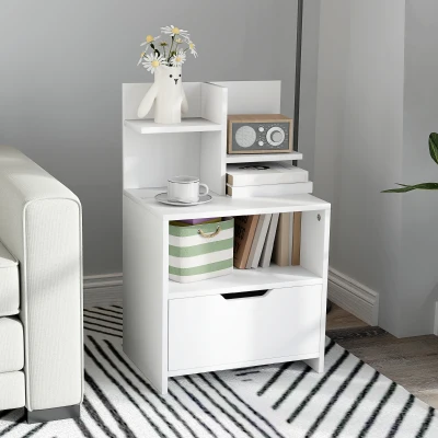 HOMCOM Mesa de Cabeceira de Madeira Moderna com Gaveta e Prateleiras de Armazenamento 45x35x73 cm Branco