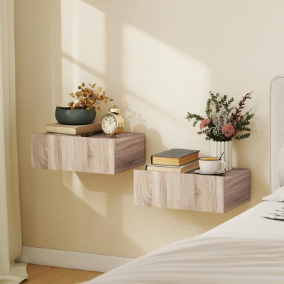 HOMCOM Set 2 Comodini Sospesi con Cassetto, Rovere