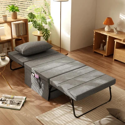 HOMCOM Sofá Cama 4 em 1  Estofado em Linho com Encosto Ajustável em 5 Níveis e Almofada Acolchoada  75x80x74 cm Cinza