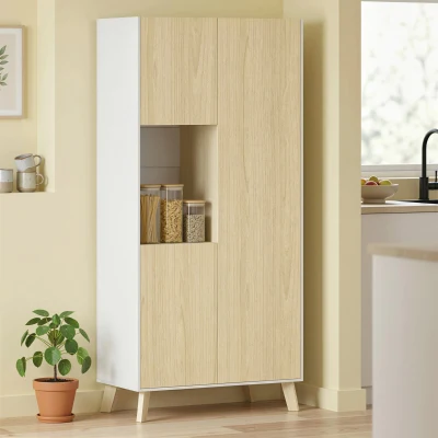 HOMCOM 170 cm Küchenschrank, Moderner Schrank mit offenem Fach, verstellbaren Regalen, Naturholz-Optik