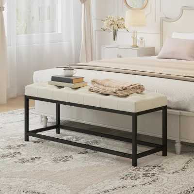 HOMCOM Banco Pie de Cama Tapizado en Terciopelo Diseño Capitoné Base de Metal para Dormitorio Entrada Salón Crema
