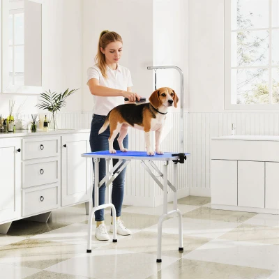 PawHut Mesa de Peluquería Canina Plegable con Encimera Antideslizante Brazo Ajustable 81x48,5x80 cm Azul