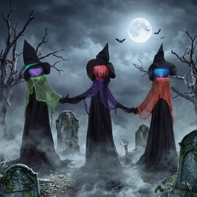 HOMCOM Halloween Witches Decor Light-Up Heads 120cm