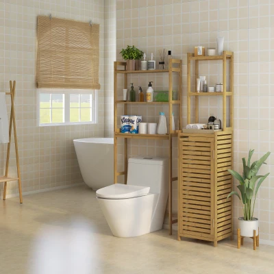 HOMCOM Badezimmerregal Badregal, 3 Regale, 1 Schrank, 38,5 cm x 33 cm x 170 cm, Natur