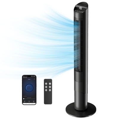 HOMCOM 116 cm Turmventilator, Standventilator mit Fernbedienung WiFi App-Steuerung, 65° Oszillation 6 Geschwindigkeiten 4 Modi