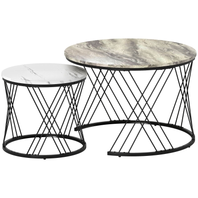 HOMCOM Lot 2 Tables Basses Rondes Ø70/44,5cm Effet Marbre Métal