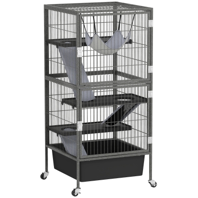 PawHut Gaiola para pequenos animais 4 andares com bandeja elevável Rampas Rede Rodízios Plataformas 52x52x115 cm Cinza
