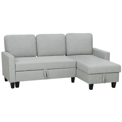 HOMCOM Sofá-Cama Chaise Longue de 3 Lugares Chaise Longue Reversível Ambos Lados com Armazenamento com Capas Removíveis 197x129x85 cm Cinza