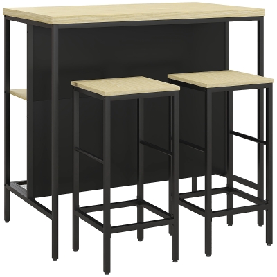 HOMCOM Bar-Set, 2 Barstühle & 1 Bartisch, fleckenresistent, stabil, Stahlrahmen, Schwarz/Eiche