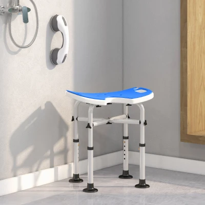 HOMCOM Silla de Ducha Antideslizante con Barra de Agarre con Ventosas Altura Regulable y Asiento en Forma de U Azul