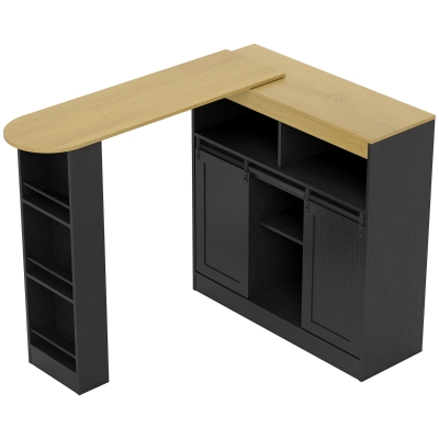 HOMCOM Ausziehbarer Bartisch, zu L-Form umwandelbar, viel Stauraum, 3 verstellbare Regale, Spanplatte, MDF, Schwarz