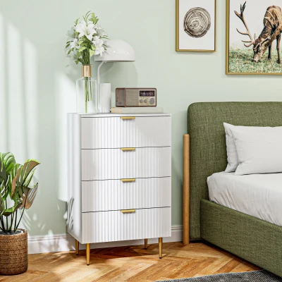 HOMCOM Commode 4 Tiroirs Moderne Blanc avec Pieds Dorés