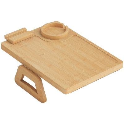 HOMCOM Bandeja de Brazo para Sofá de Bambú Plegable y Flexible con Portavasos Extraíble y Soporte Giratorio para Teléfono