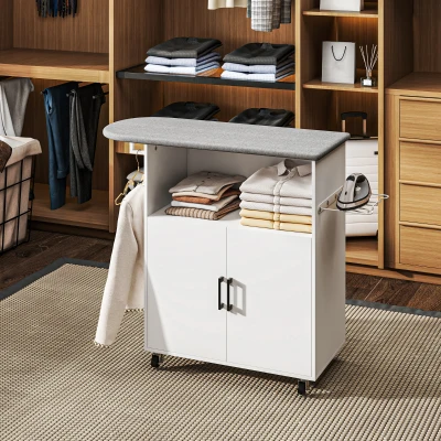 HOMCOM Mueble de Planchar con Ruedas Barra para Colgar Ropa Estante Abierto y Tabla de Planchar 125x43,5x102,5 cm Blanco