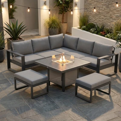 Outsunny 6-Piece Aluminium Garden Sofa Set with Fire Pit Grey