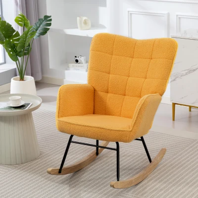 HOMCOM Poltrona Baloiço em Borrego com Oscilação de 40° Pés de Madeira de Faia e Estrutura de Aço 71x98x101 cm Amarelo
