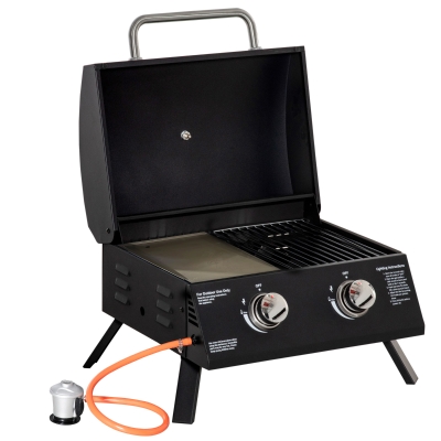 Outsunny Barbacoa de Mesa a Gas Plegable con 2 Quemadores Parrilla de Gas Portátil con Tapa Acero a Carbono para Camping Picnic al Aire Libre Jardín 55x46,5x41 cm Negro