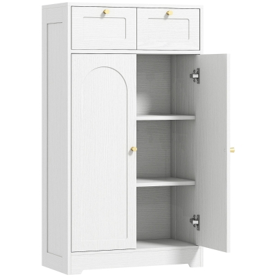 HOMCOM Armário de Casa de Banho Estreito com 2 Gavetas Prateleira Aberta e Porta com Painel Arqueado 60x30x108 cm Branco Texturizado