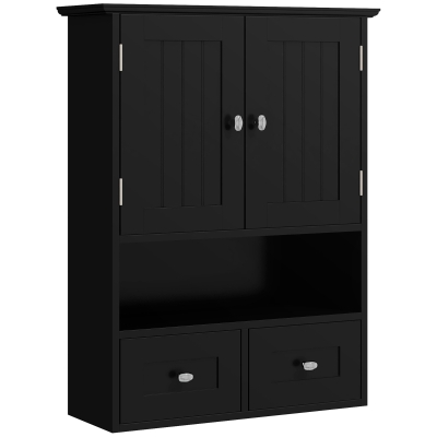 kleankin Armário de Parede para Casa de Banho com 2 Portas Prateleira Aberta e 2 Gavetas Estilo Moderno 50,8x17,8x66 cm Preto