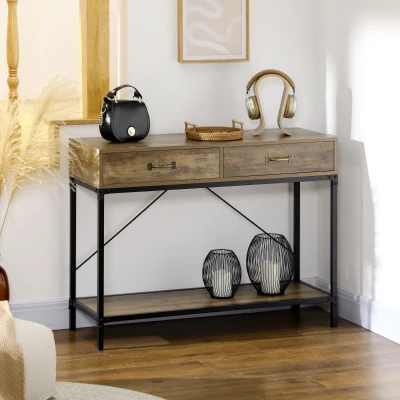 HOMCOM Mesa Consola Industrial Mesa de Sofá com 2 Gavetas e Prateleira para Entrada com Pés de Metal Castanho e Preto