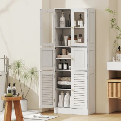 HOMCOM Armário de Casa de Banho Alto com Portas de Vidro Portas de Ripas e Prateleiras Ajustáveis 60x30x170 cm Branco