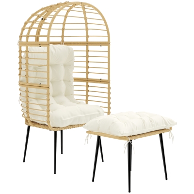Outsunny Gartensessel mit Hocker PE Rattan Ei-Form Korbsessel mit langen & dicken Kissen Metallrahmen Beige