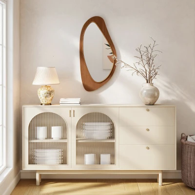 HOMCOM Wandspiegel Fenster Spiegel mit Kieferfurnierrahmen für Schlafzimmer Wohnzimmmer, 91,5 x 45 x 3 cm, Naturholz