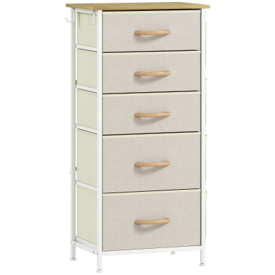 HOMCOM Schlafzimmer-Kommode mit 5 Stoffschubladen, Stahlstreben, Holzoberfläche, 4 Aufbewahrungstaschen, 2 Haken, Beige