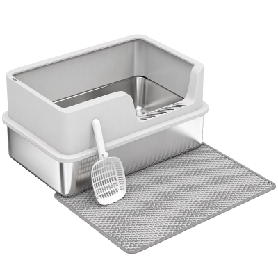 PawHut Katzentoilette XL Edelstahl mit Deckel, hohe Seitenwände, Schaufel Bürste Matte für Kätzchen bis 8 kg Hellgrau