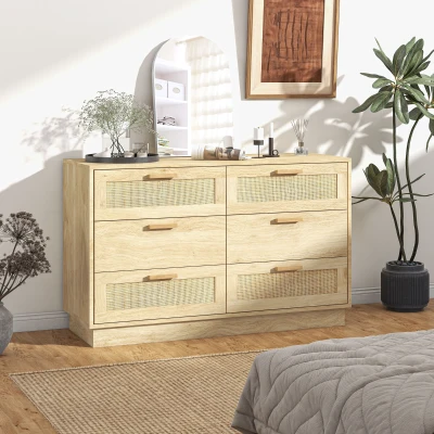 Comodă cu 6 sertare stil boho din lemn și ratan, stejar