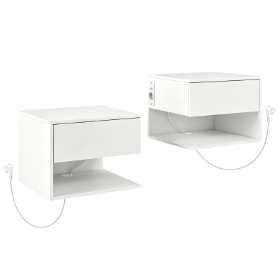 HOMCOM Set 2 Comodini Sospesi con Prese di Corrente, Bianco