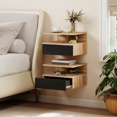 HOMCOM Set 2 Comodini Sospesi con Cassetto, Nero e Rovere