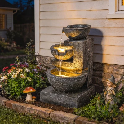 Outsunny Fuente de Jardín con Iluminación LED y Bomba Fuente Decorativa en Cascada de 3 Niveles 40x37x61 cm Multicolor