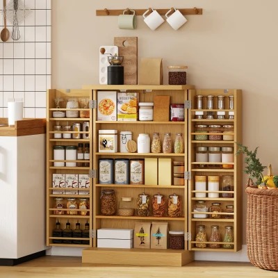 HOMCOM 104 cm Rattan-Küchenschrank mit 5-stufigem Regal, 12 Gewürzfächern und verstellbaren Böden, Natur