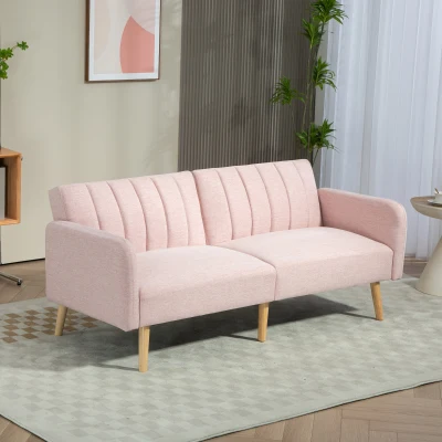 HOMCOM Canapé Convertible 2 Places Tissu Lin Rose Pieds Bois