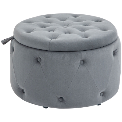 HOMCOM Hocker, rund, mit Staufach, Steppdesign mit Knöpfen, Bezug in Samtoptik, grau, 60 x 60 x 40cm
