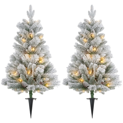 HOMCOM Weihnachtsbaum mit LED-Beleuchtung, 2er-Set, 107 cm, Tannenzapfen, rote Beeren, feuersicher, Grün/Weiß