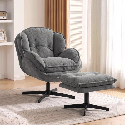 HOMCOM Swivel Armchair Chenille Steel Footstool Grey