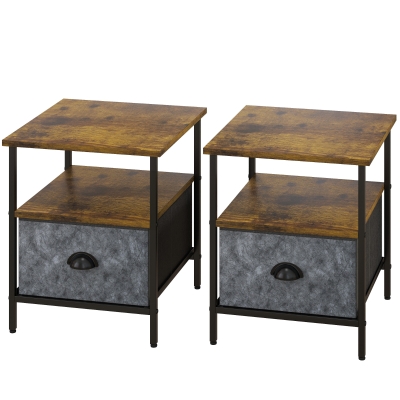 HOMCOM Set of 2 Bedside Tables Rustic Brown with Fabric Drawer