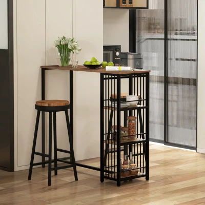 HOMCOM Mesa Alta Cocina con 3 Estantes Mesa Alta Bar para 2 Personas Patas de Acero para Salón 120x40x105 cm Marrón y Negro
