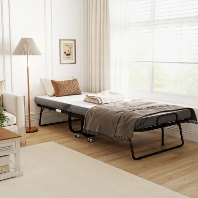 HOMCOM Cama Dobrável 200x90x42,5cm Cama de Campismo Portátil com Colchão Individual Rodas e Freios Carga Máxima 150kg para Dormitórios Branco