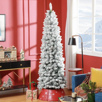 HOMCOM Künstlicher Weihnachtsbaum, flammenhemmend, mit Kunstschnee, schlank, Stahlfuß, 75 x 210 cm, Grün