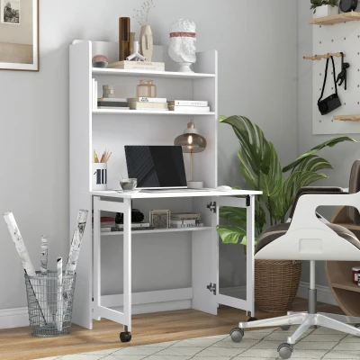 HOMCOM Foldable Computer Desk with Storage Shelves White