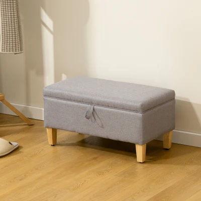 HOMCOM Linen Storage Ottoman Rubberwood Legs Light Grey