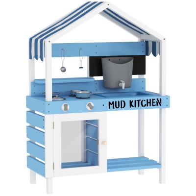 AIYAPLAY Outdoor-Spielküche für Kinder mit Sonnendach, Kochgeschirr-Set, Massivholz, Blau