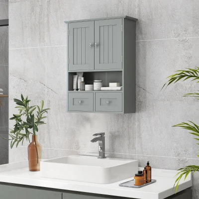 kleankin Armoire Murale Salle de Bain Gris 2 Portes 2 Tiroirs 50,8x17,8x66cm