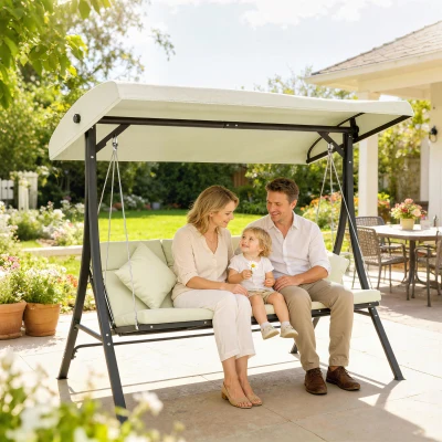 Outsunny Balancín de Jardín Exterior Columpio de 3 Plazas con Toldo Ajustable y Marco de Acero 202x115x168 cm Beige