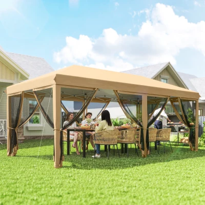 Outsunny Carpa Plegable 6x3 m Cenador de Jardín con 6 Mosquiteras Bolsa de Transporte y Marco de Acero para Camping Fiestas Beige