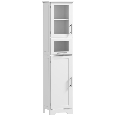 HOMCOM Coluna Casa de Banho com Porta de Vidro Prateleiras Ajustáveis Gaveta para Espaços Pequenos 40x31x170 cm Branco